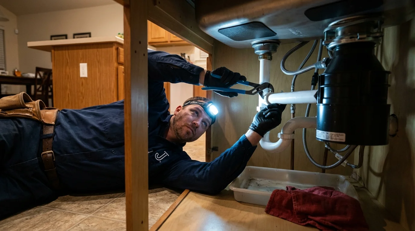 P-trap and supply line connections under a kitchen sink showing a common leak point in Sheldon, IA